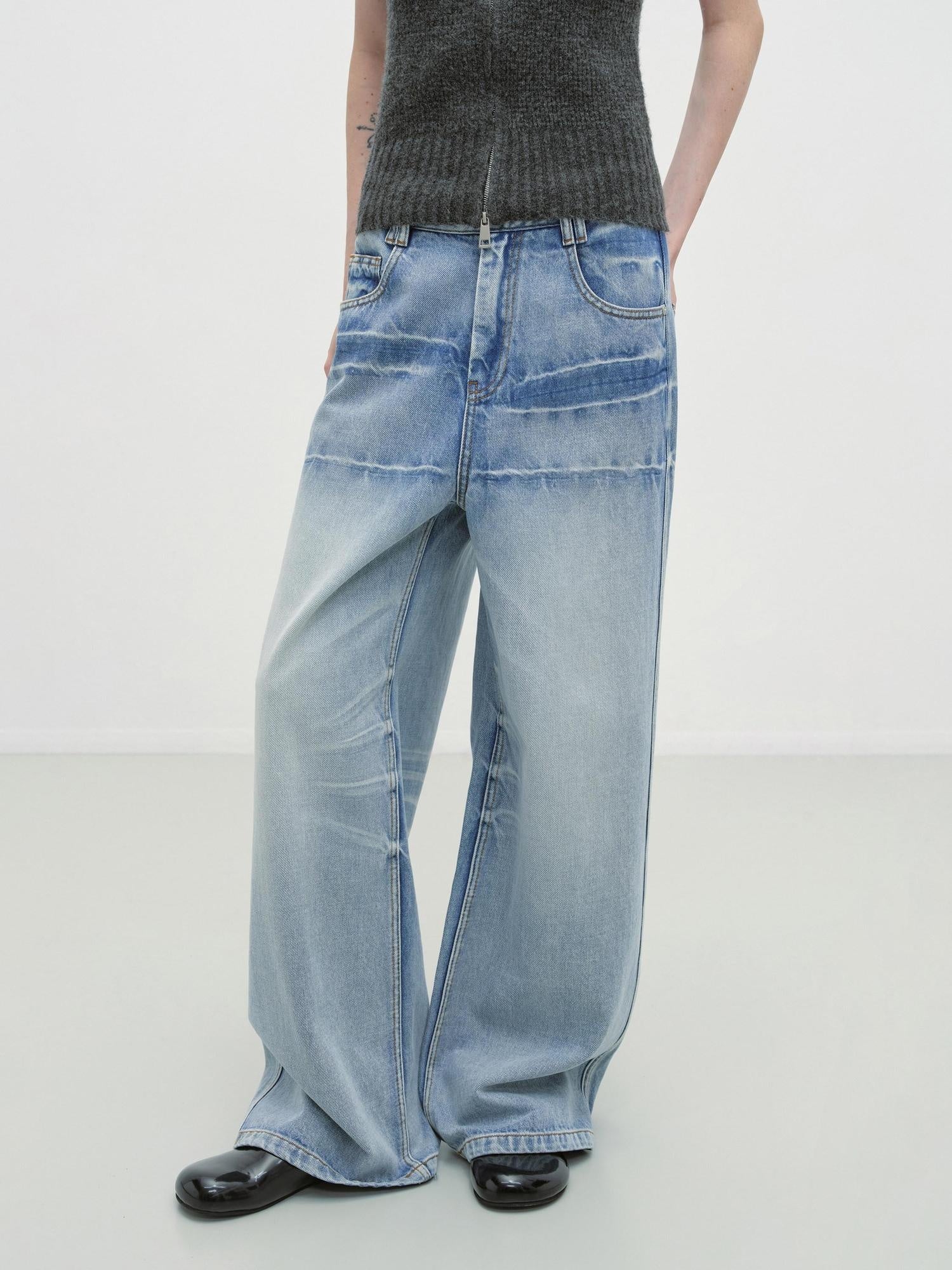 RUN TO THE FUTURE Washed Low Waist Casual Loose Fit Cotton Zipper Women Denim Blue Wide-Leg Jeans