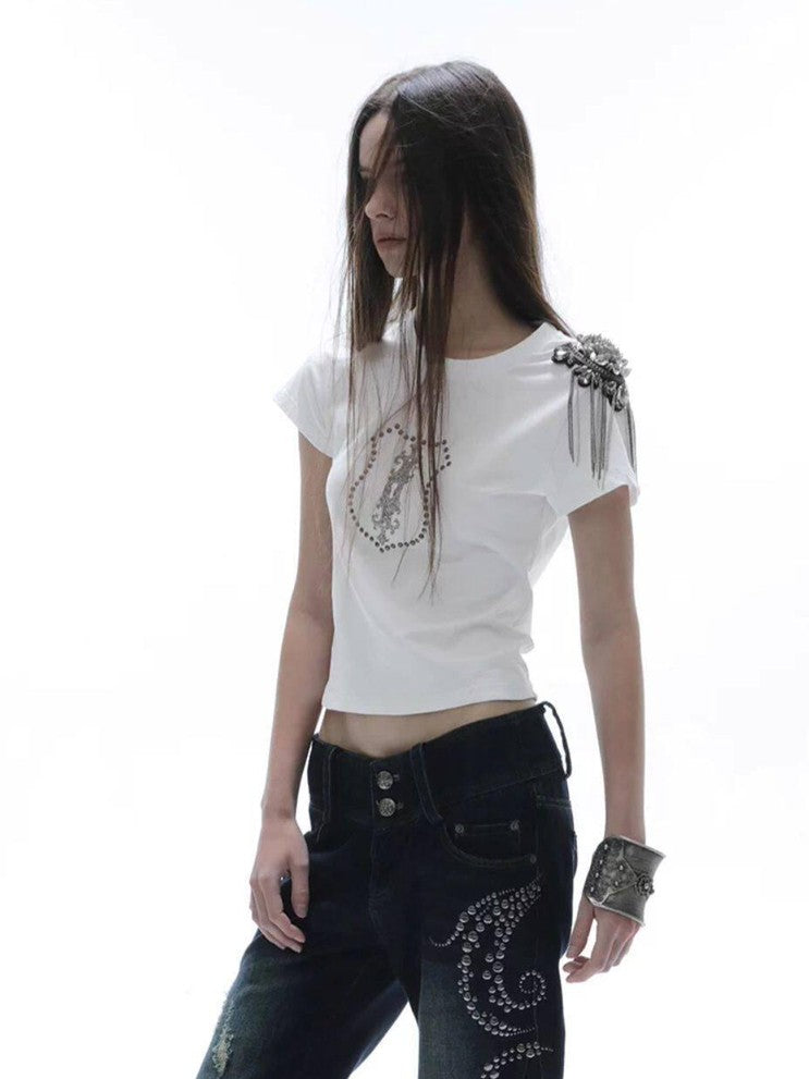 DoublePunch Cropped Hotfix Rhinestone Slim Fit Vintage Women&
