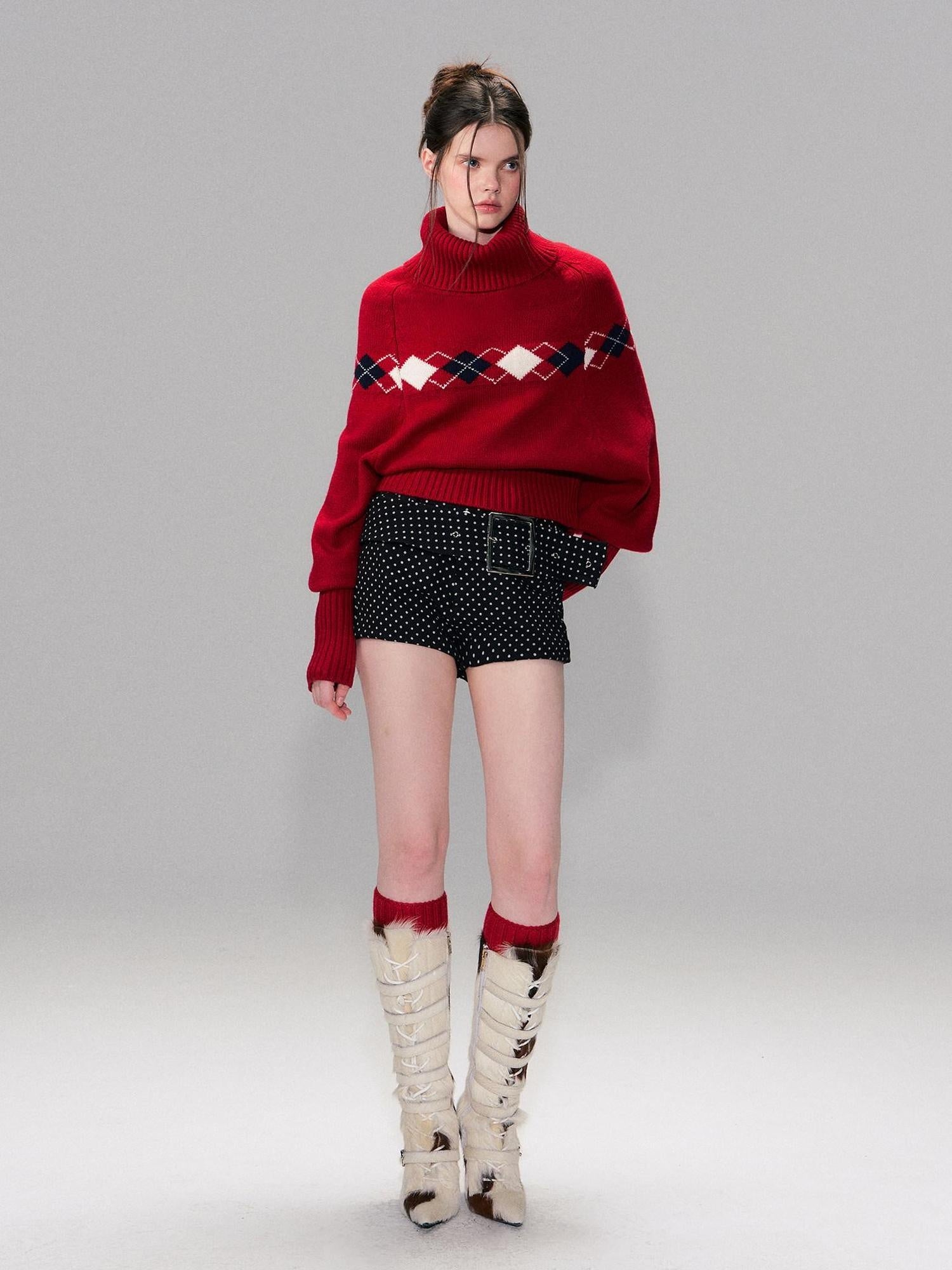 The NeverMore Warm Wool Pullover Vintage Jacquard Cape Batwing Women High Neck Red Sweaters