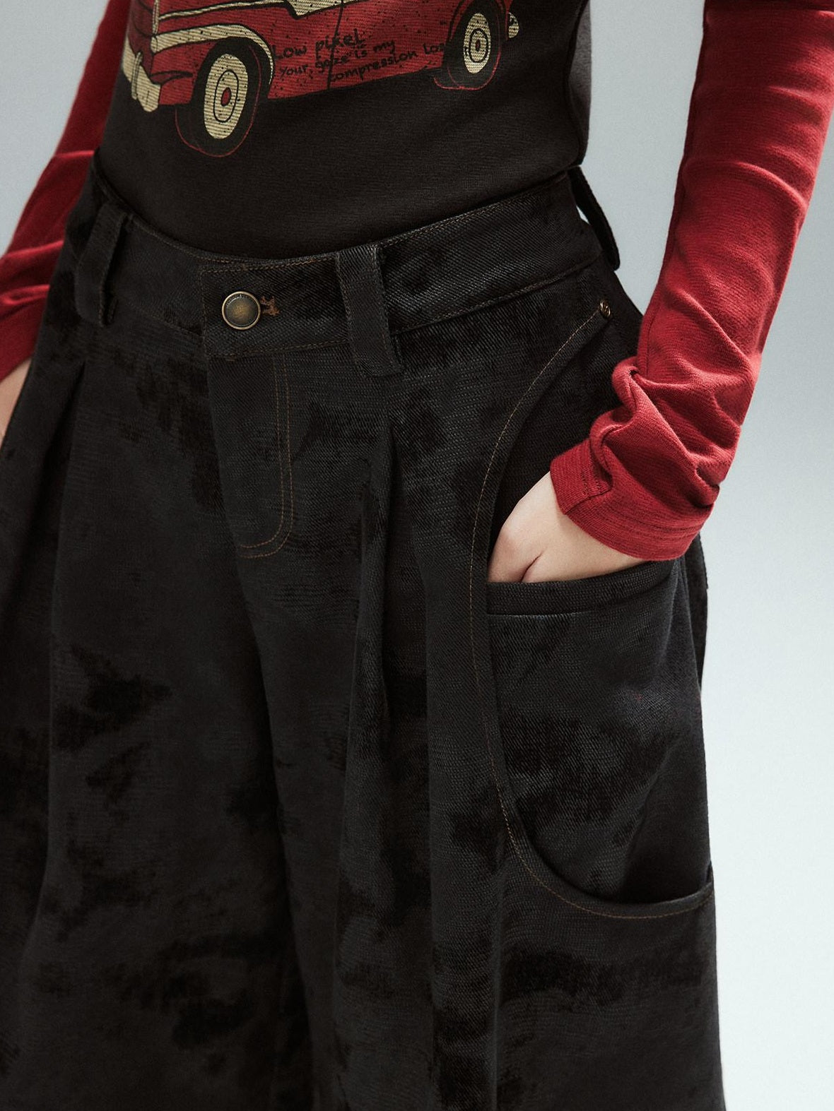 Low pixel Black Cotton Flocked Low Rise Loose Street Women Zip Fly Wide Leg Jeans
