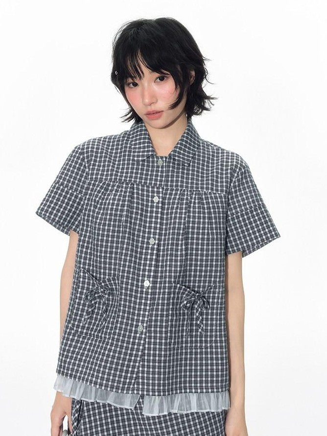 NAPSNAPS Check Patchwork Two Piece Illusion Spliced Gauze Women&