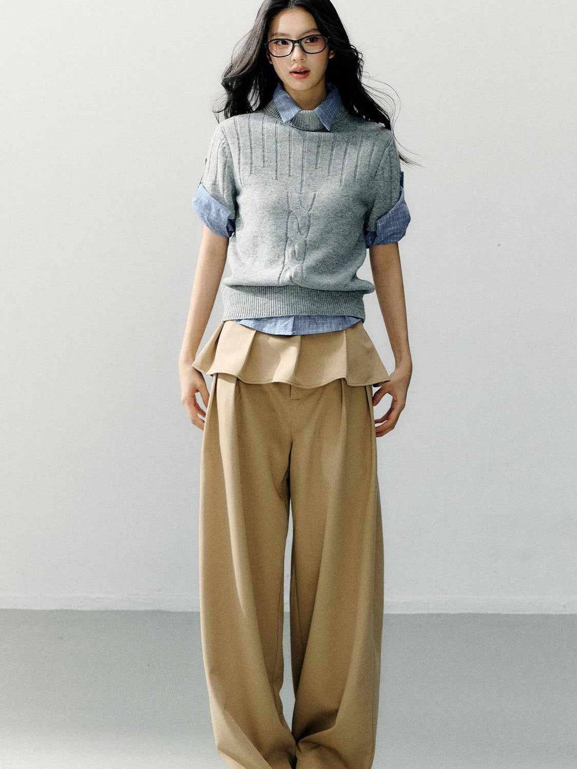 7Shiftin Detachable Lace Trim Natural Waist Casual Khaki Women Wide Leg Pants