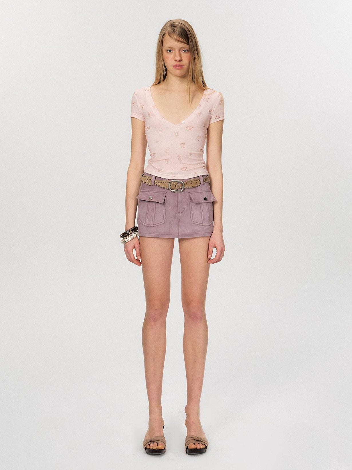 The NeverMore Soft Lyocell Printed V-neck Slim Fit Pink Women Cropped Basic Crop Tops