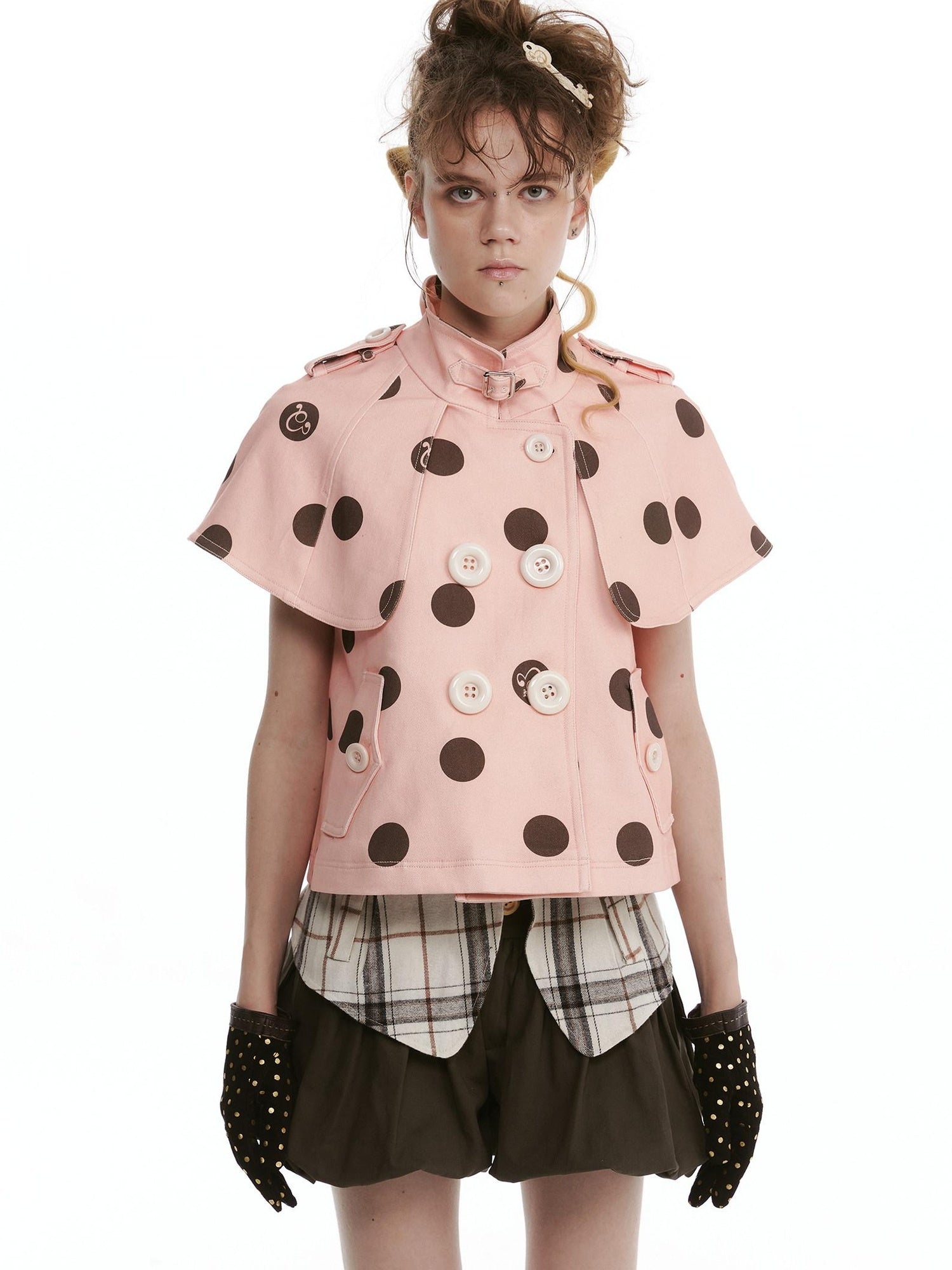 nit alcove Windproof Cotton Stretch Cute Cropped Doublebreasted Unisex Polka Dot Blouses