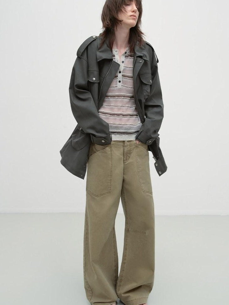 RUN TO THE FUTURE Washed Cotton Khaki Cargo Pockets Loose Mid Rise Zip Fly Casual Straight Pants