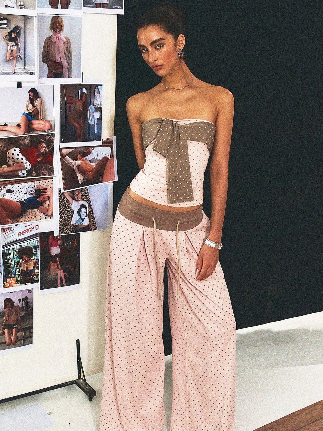 The NeverMore Polka Dot Cotton Two Piece Colorblock Sexy High Waist Pants Tube Tops