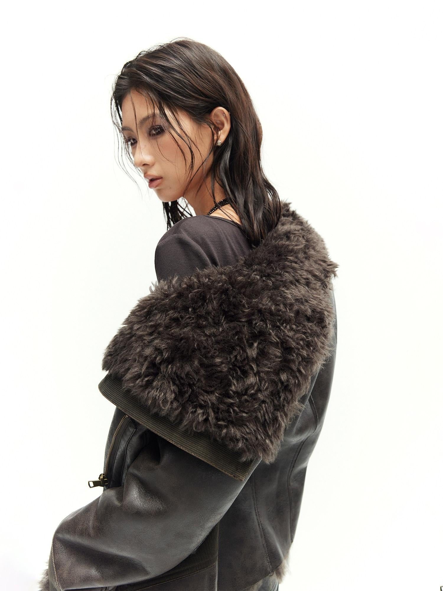 Low pixel Warm Faux Shearling Waisted Gothic Short Zip Women Coffee Cropped Jackets