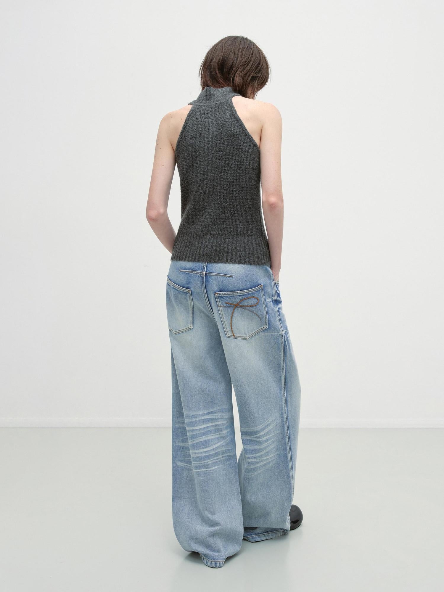 RUN TO THE FUTURE Washed Low Waist Casual Loose Fit Cotton Zipper Women Denim Blue Wide-Leg Jeans