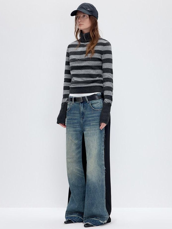 RUN TO THE FUTURE Washed Low Rise Wide Leg Loose Blue Black Denim Zipper Fly Straight Jeans