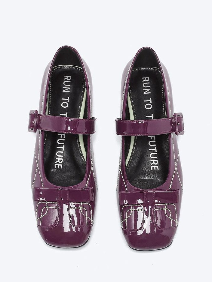 RUN TO THE FUTURE Sheepskin Insole Vintage Square Toe One Strap Low Heel Rubber Sole Women Flats