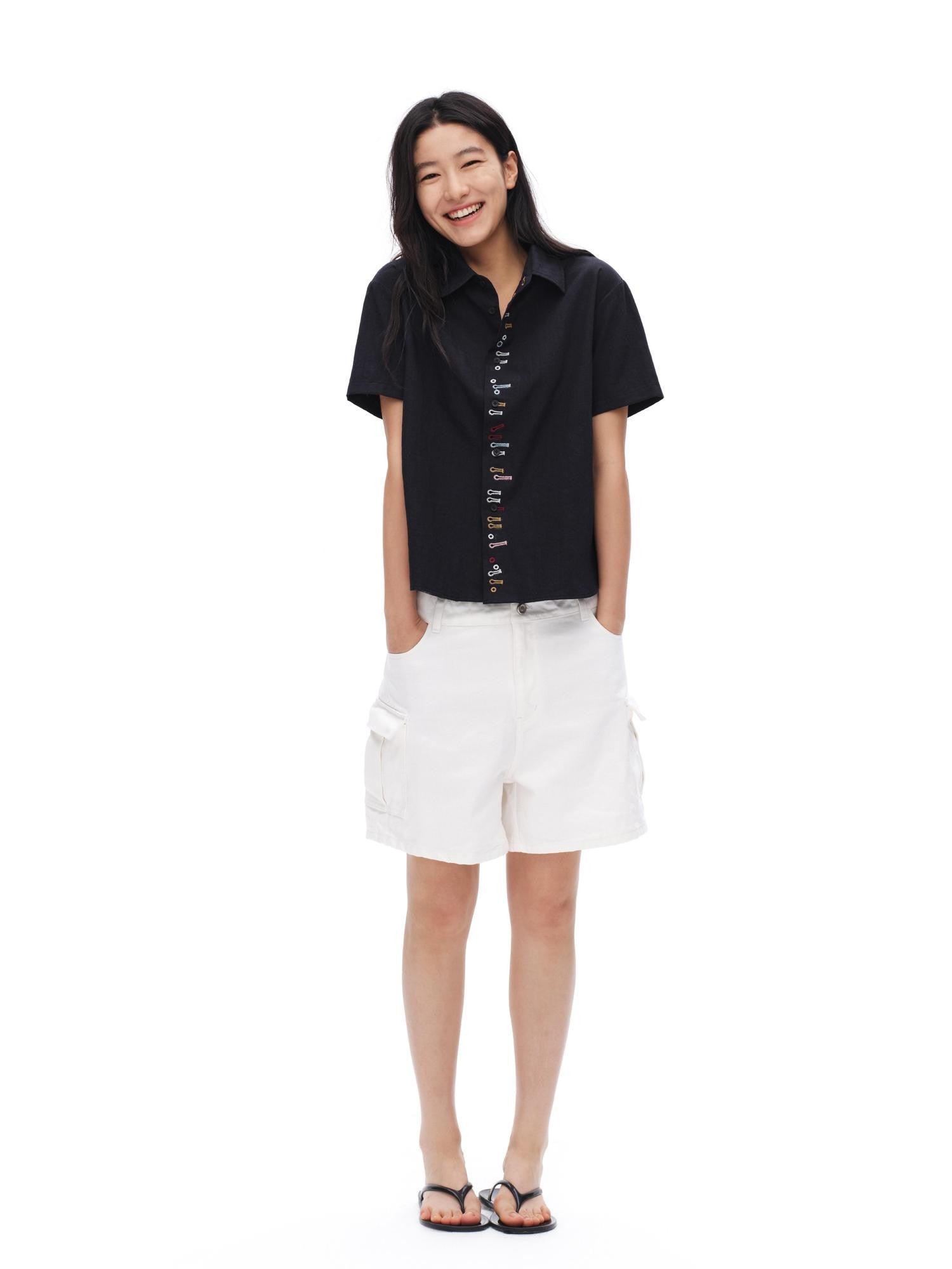 oinimi White Vintage Bermuda Cargo Button Fly Pocket Women&