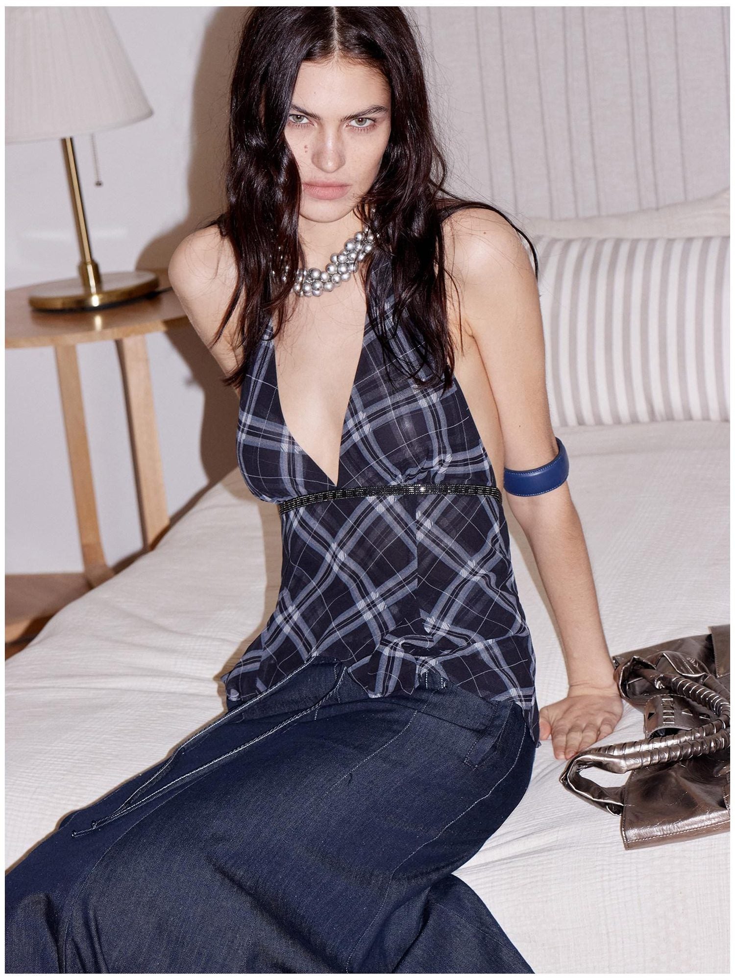 2th Desire Printed Plaid Halter V-neck Slim Fit Polyester Women Chic Tank Tops
