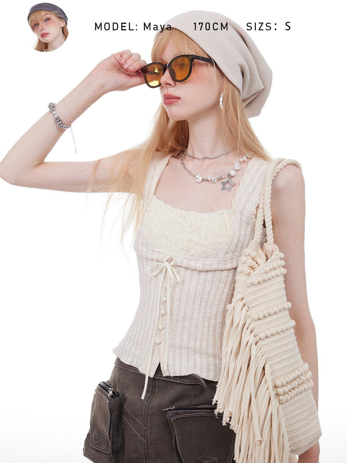 The NeverMore Lace Tie Patchwork Slim Crop Cotton Blend Casual Beige Solid Tank Camisoles