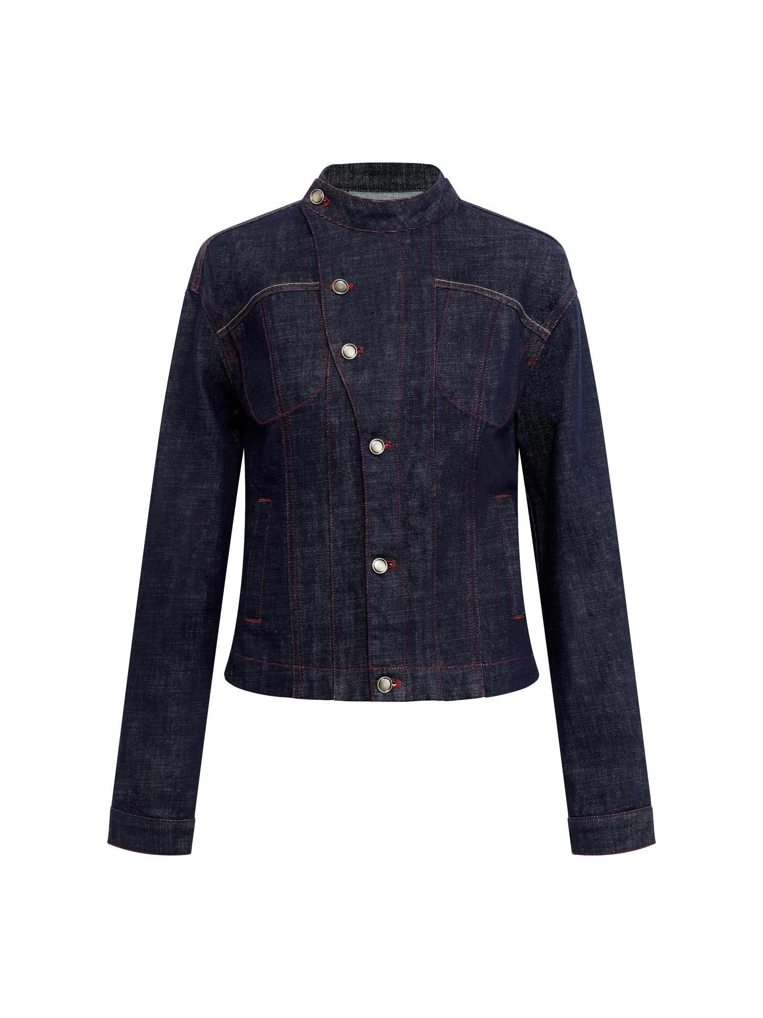 RUN TO THE FUTURE Vintage Asymmetric Fitted Waist Unisex Dark Indigo Cotton Button Denim Jackets