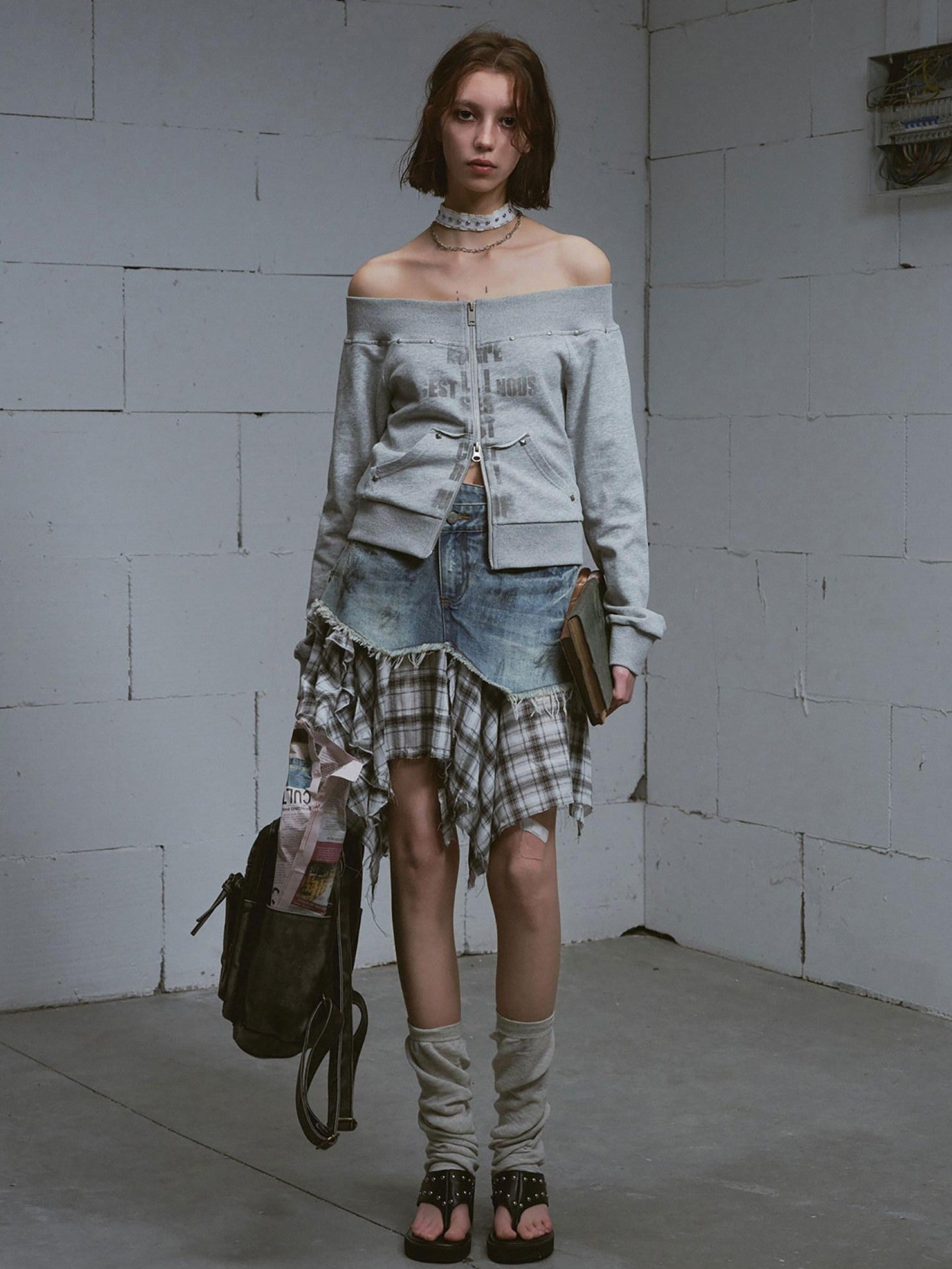 Cest Nous Washed Deconstructed Plaid Patchwork Asymmetric Women&