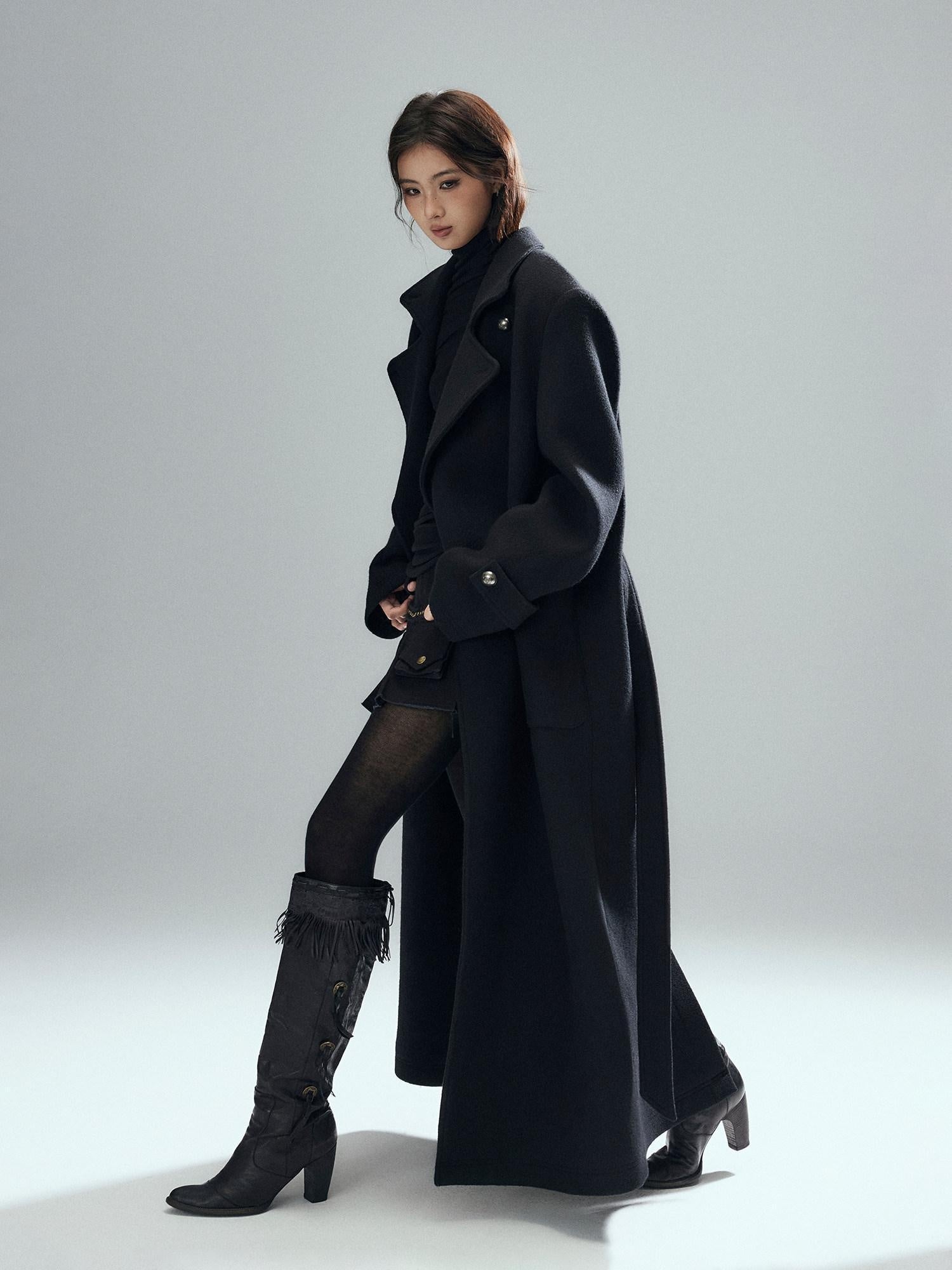 Low pixel Warm Wool Blend Street Oversized Double Breasted Notch Collar Black Wool Coats