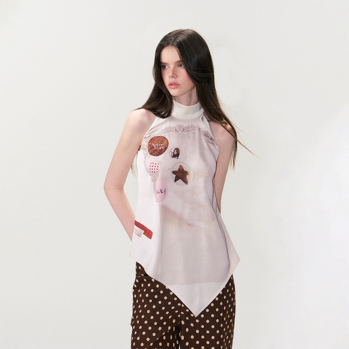 The NeverMore Silky Polyester Loose Mid Length Mock Neck Halter Women Satin Look Camisoles