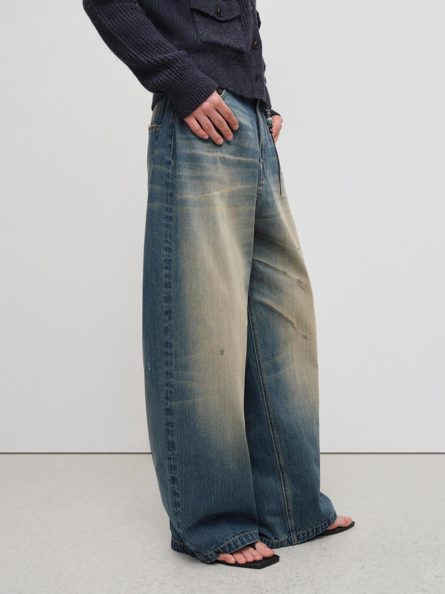 RUN TO THE FUTURE Durable Distressed Vintage Blue Low Rise Wide Leg Casual Denim Straight Jeans