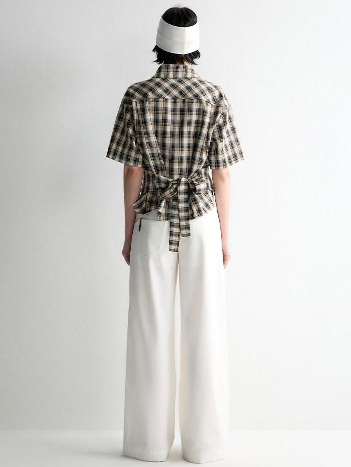 RUN TO THE FUTURE Skin Friendly Breathable Vintage Slim Tie Women Plaid Button Collar Shirts