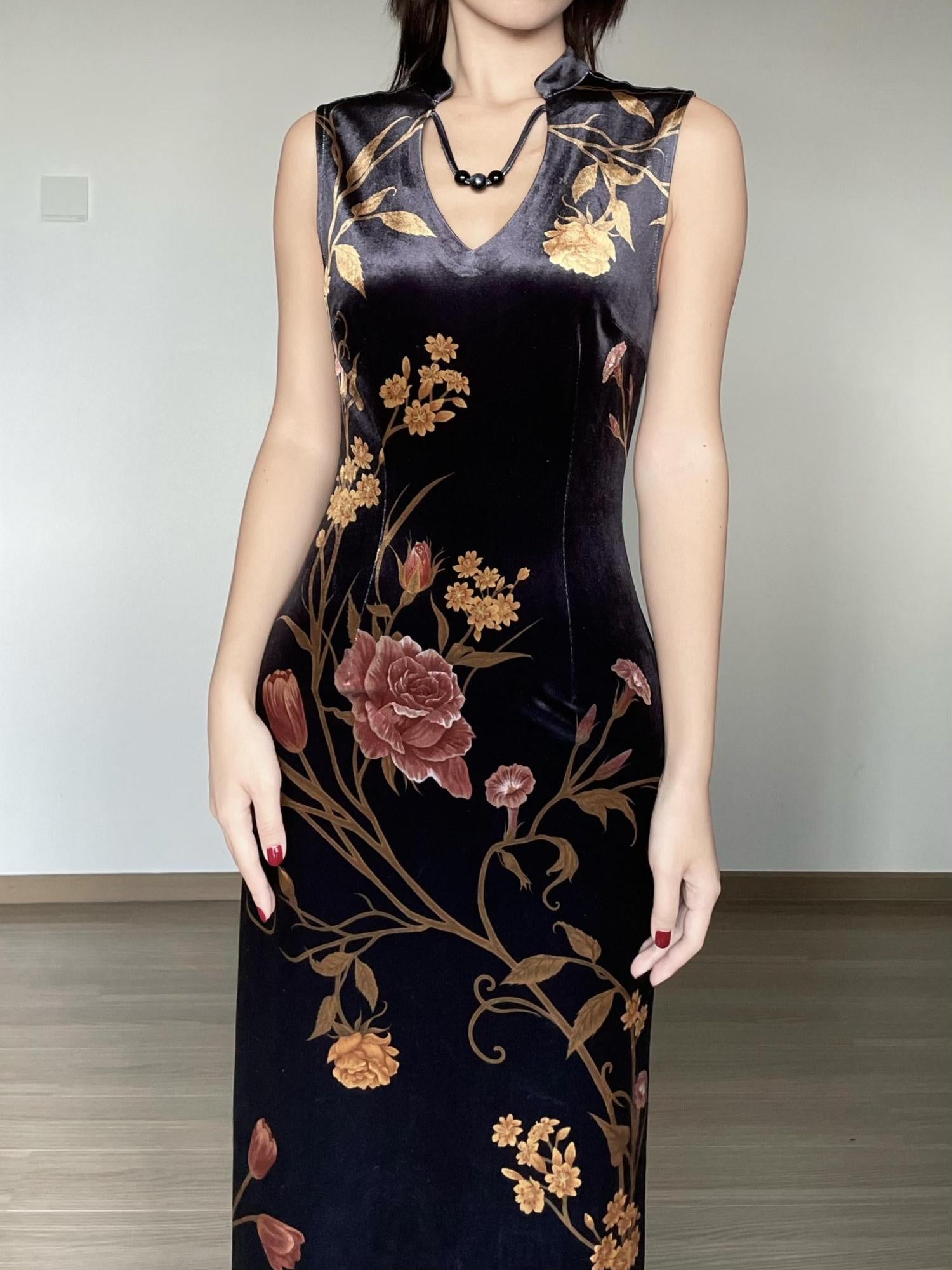 Wet Tail Breathable Floral Cheongsam Vintage Long Sleeve Everyday Casual Maxi Dresses