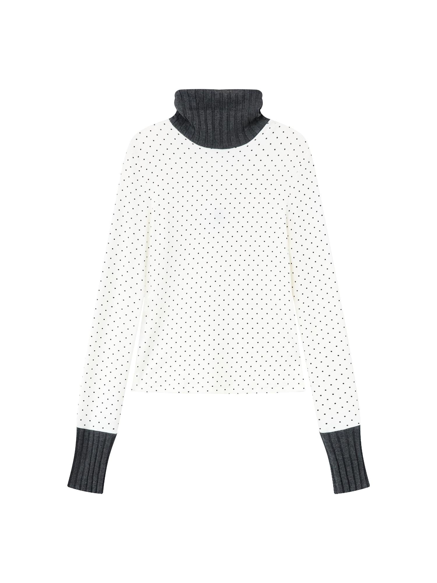 RUN TO THE FUTURE Polka Dot Patchwork High Neck Slim Fit Casual Women White Long Sleeve T-Shirts