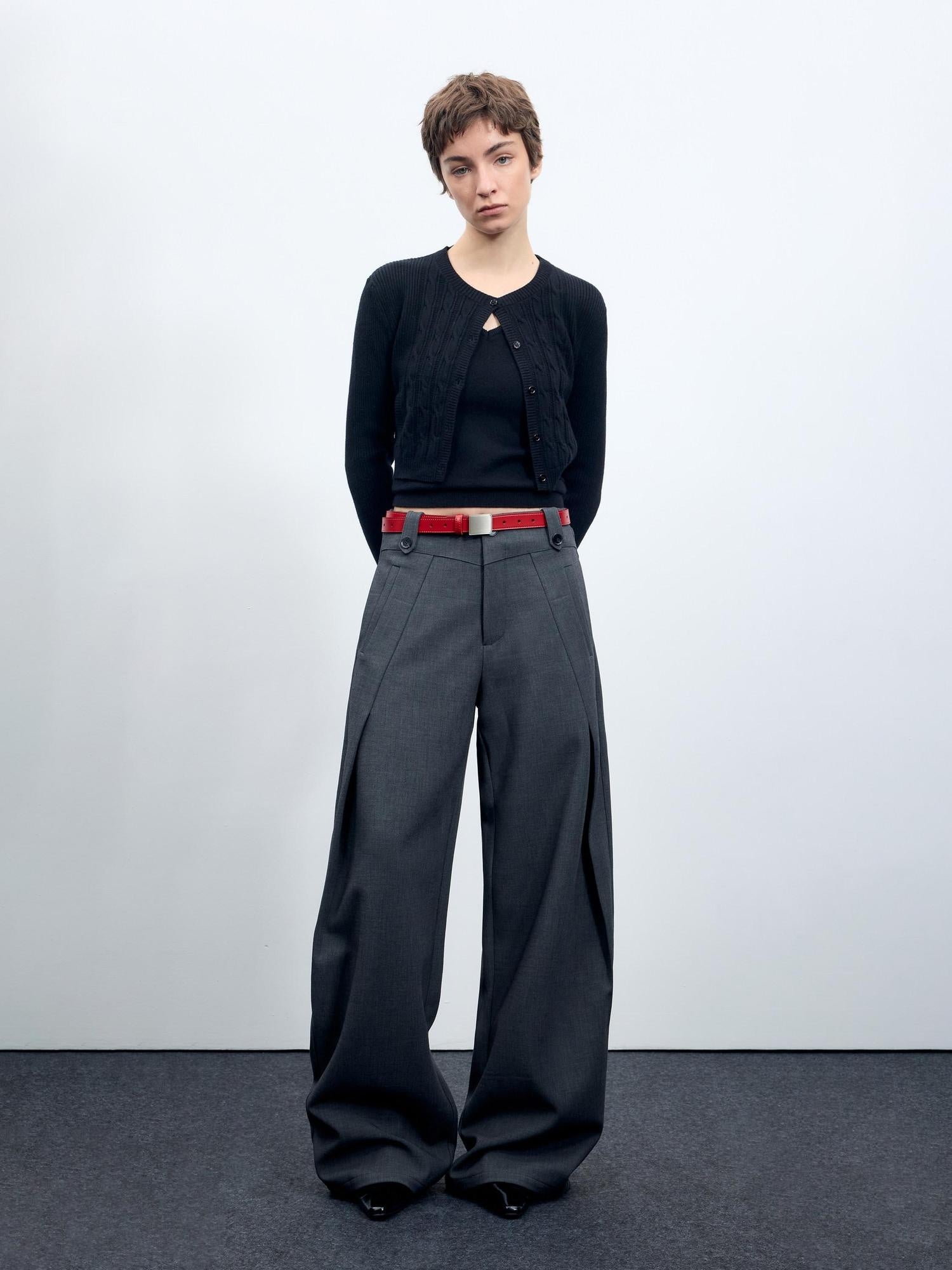 RUN TO THE FUTURE Flattering Mid Rise Minimalist Straight Cut Office Gray Black Wide-Leg Pants