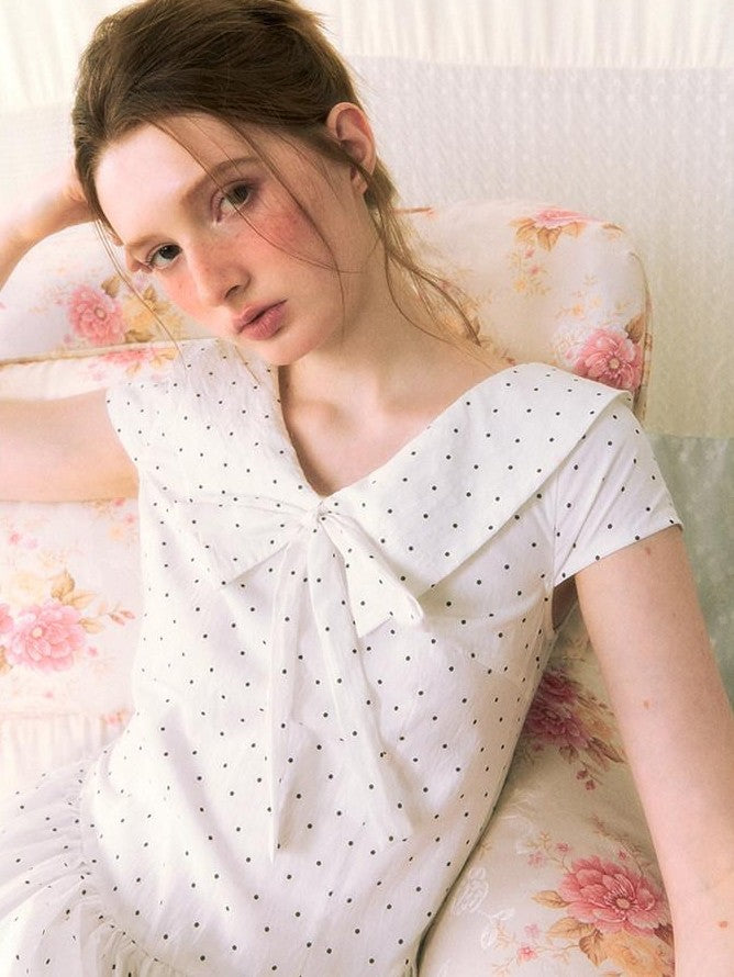 NAPSNAPS Polka Dot Sailor Collar Tie V-neck High Waist Tencel Women&