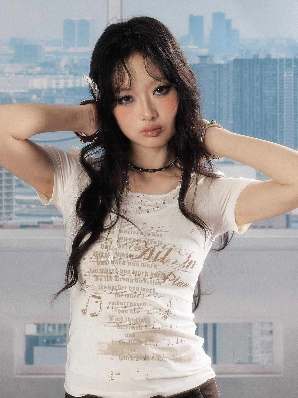 ALL iN plan Soft Lyocell Casual Round Neck A Line Sleeve Women Letter Print Offwhite Tshirt