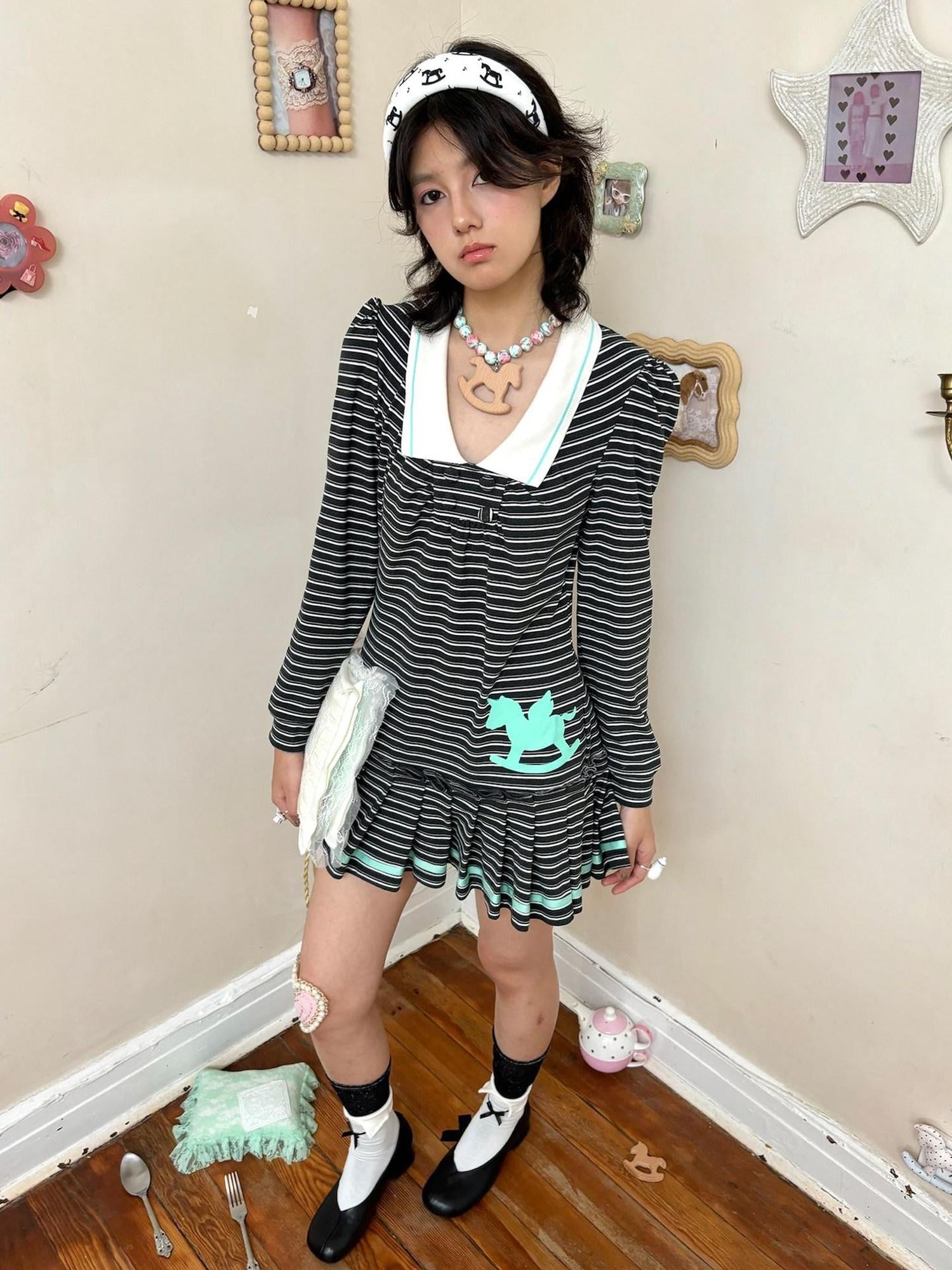 nit alcove Cute Bubble Sleeve Doll Collar Pleated Casual Striped Mint Pink Mini Dresses
