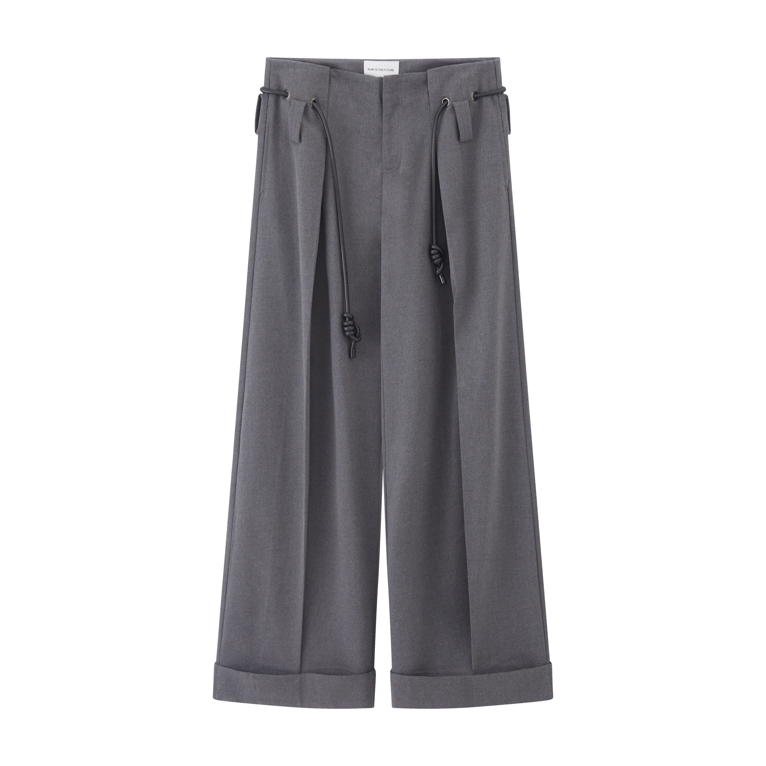 RUN TO THE FUTURE Minimalist Original Tie Detail Low Rise Zipper Women Rock Gray Wide-Leg Pants