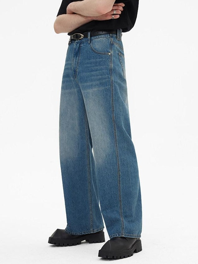 RUN TO THE FUTURE Breathable Washed Mid Rise Asymmetrical Multi Pocket Relaxed Blue Straight Jeans