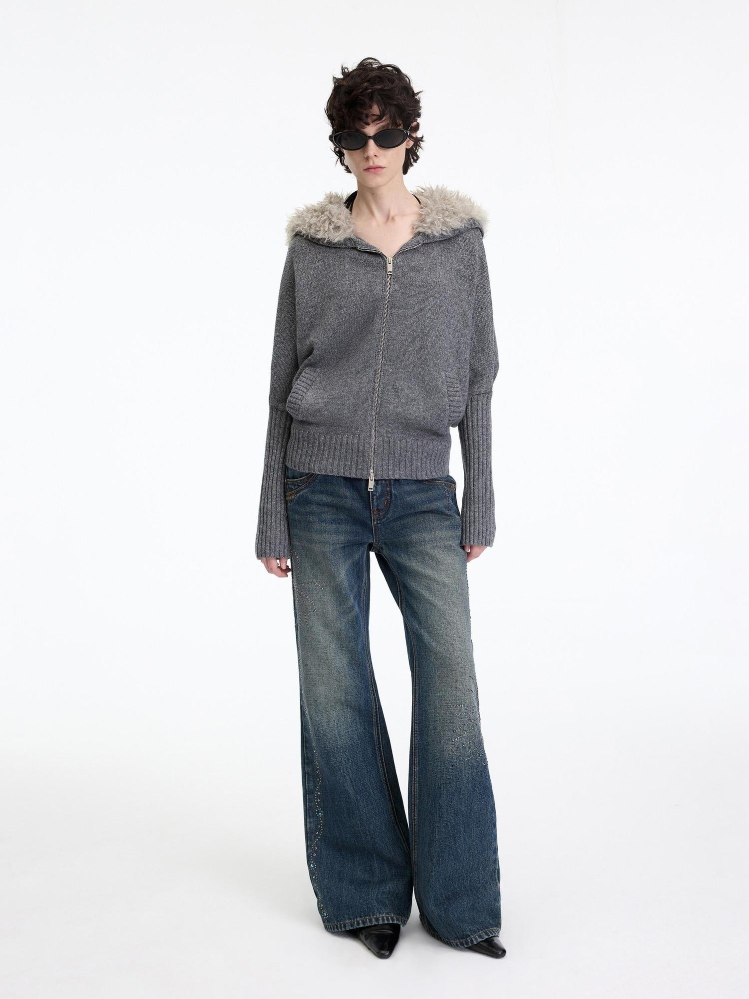 RUN TO THE FUTURE Soft Wool Blend Hooded Patchwork Vintage Loose Fit Zipper Knit Cardigans