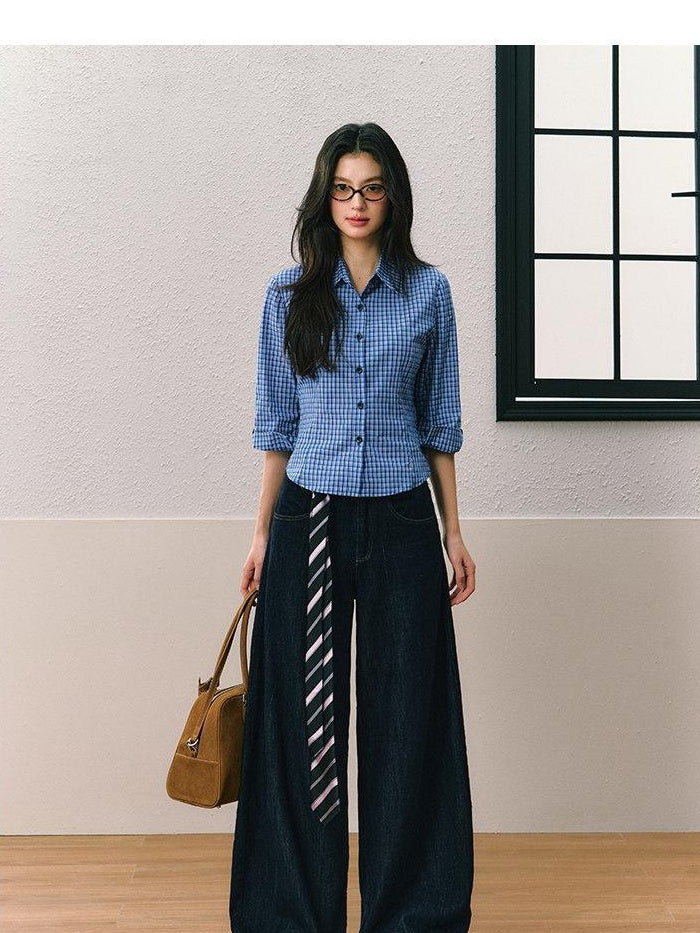 7Shiftin Dark Blue Non Stretch Natural Waist Casual Straight Cut Ladies Wide Leg Jeans