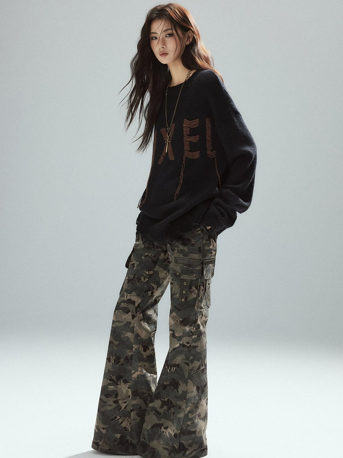 Low pixel Warm Oversized Street Style Distressed Hem Women Black Knit Pullover Sweaters