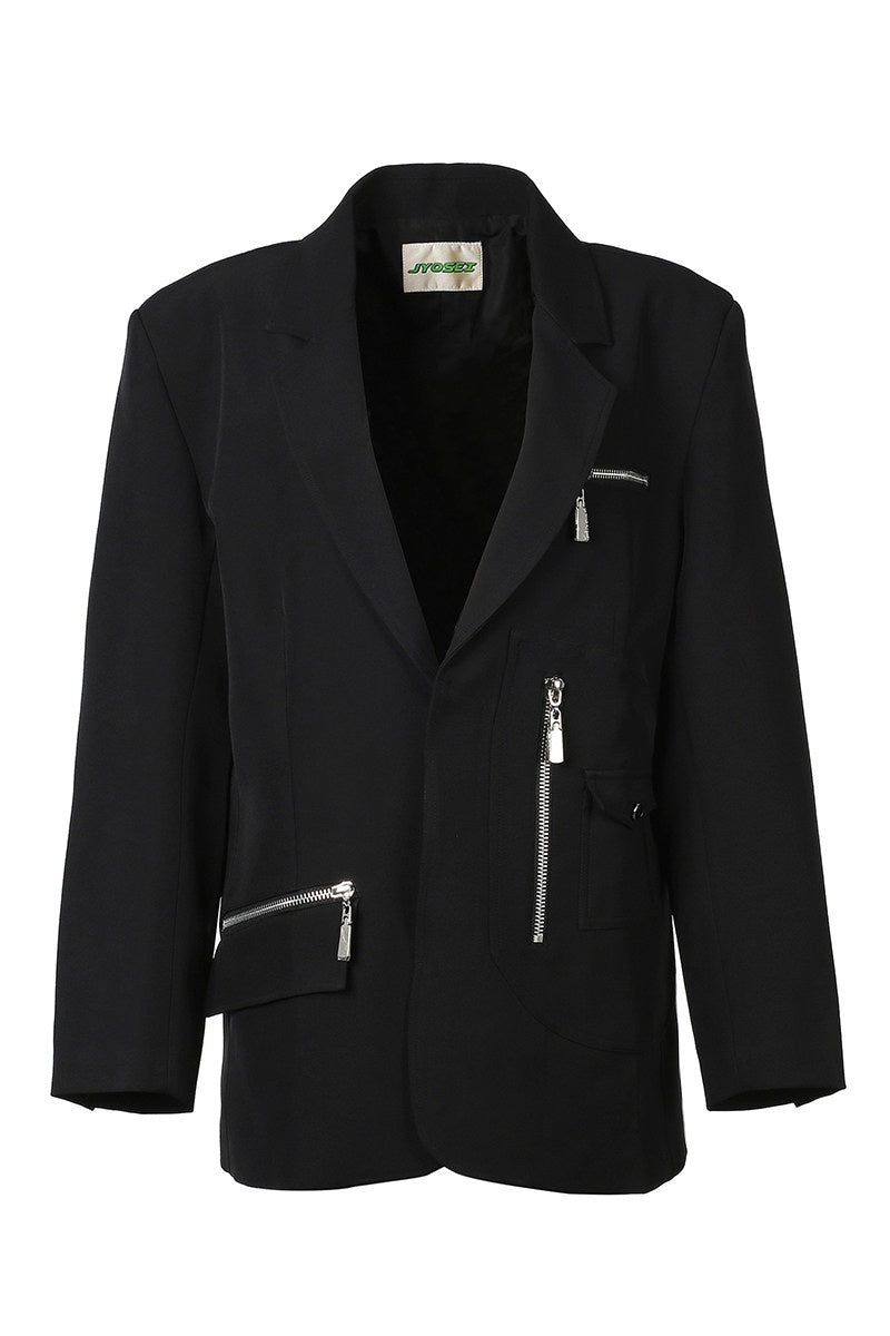 JYOSEI_Black_Padded_Shoulder_Loose_Fit_Single_Button_Pockets_Women&