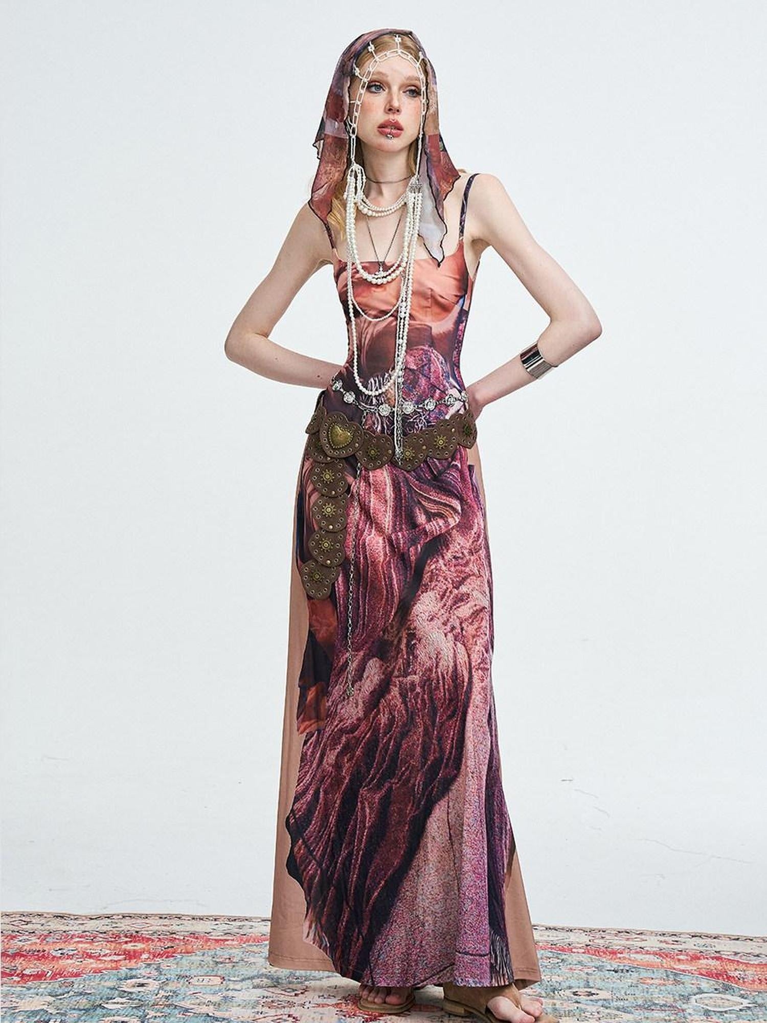 The NeverMore Sexy High Waist Jacquard Spaghetti Strap A Line Party Red Brown Maxi Dresses