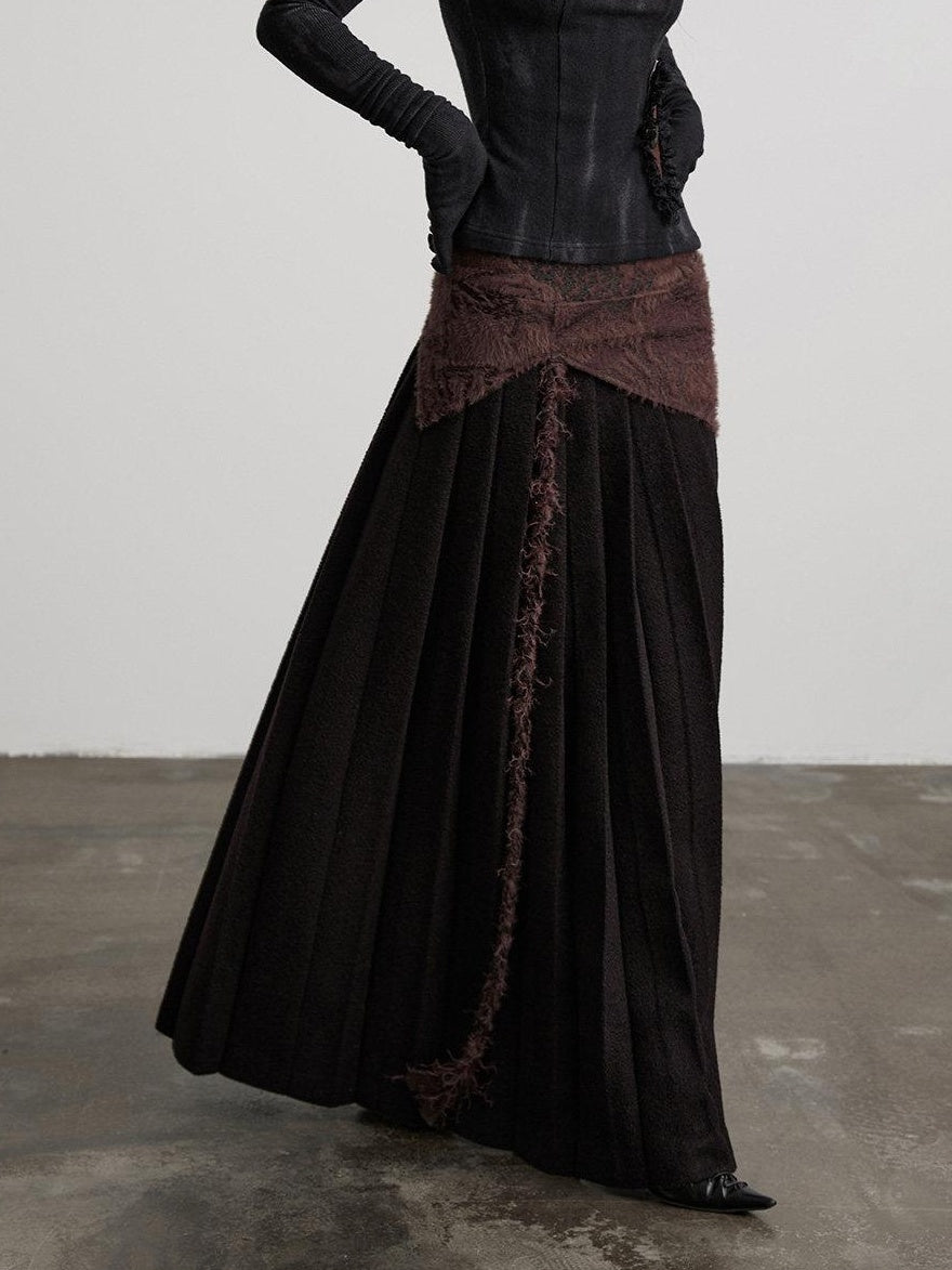 INDULGE Shape Retaining Patchwork Lined Mid Waist Wool Blend Women Burgundy Maxi Skirts