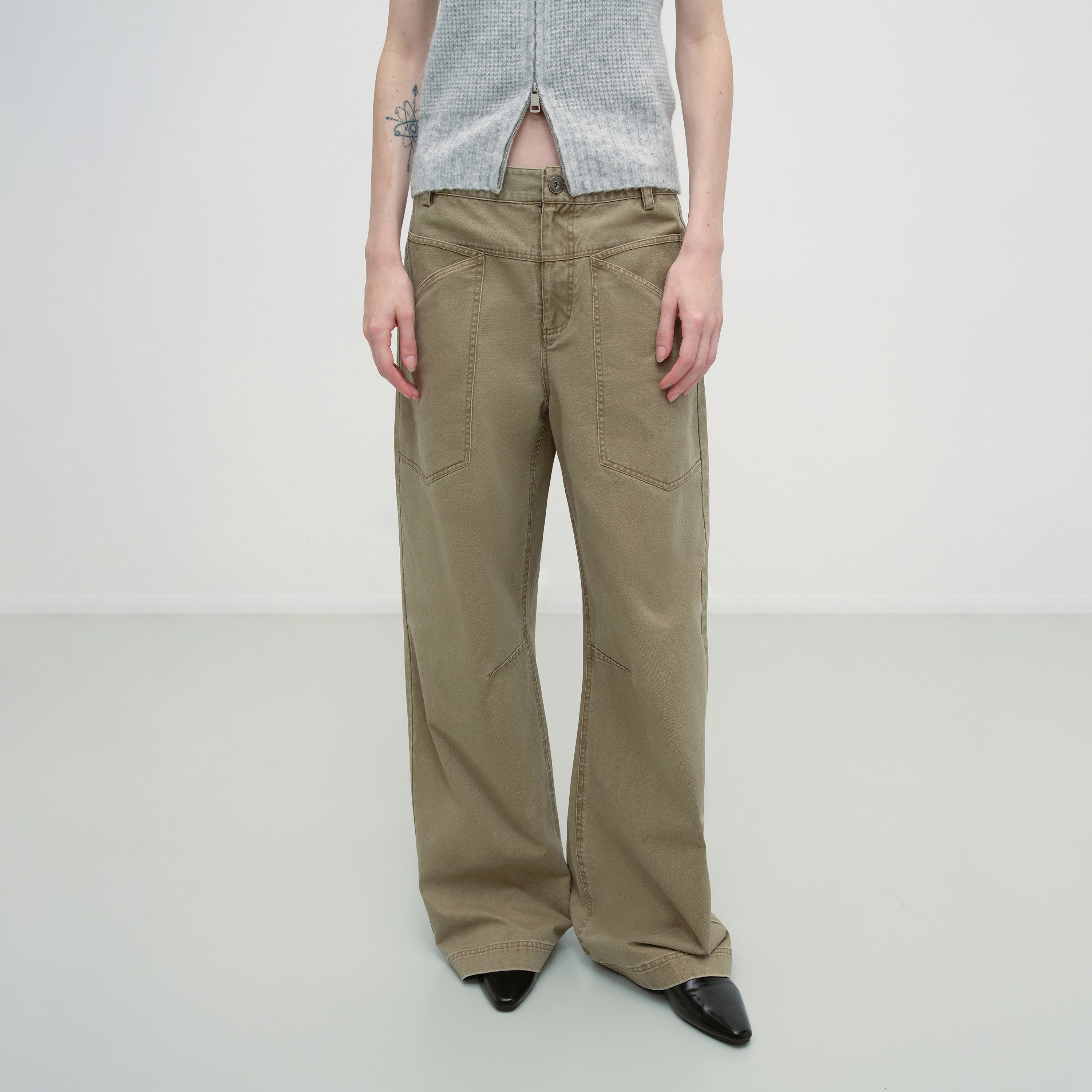 RUN TO THE FUTURE Washed Cotton Khaki Cargo Pockets Loose Mid Rise Zip Fly Casual Straight Pants