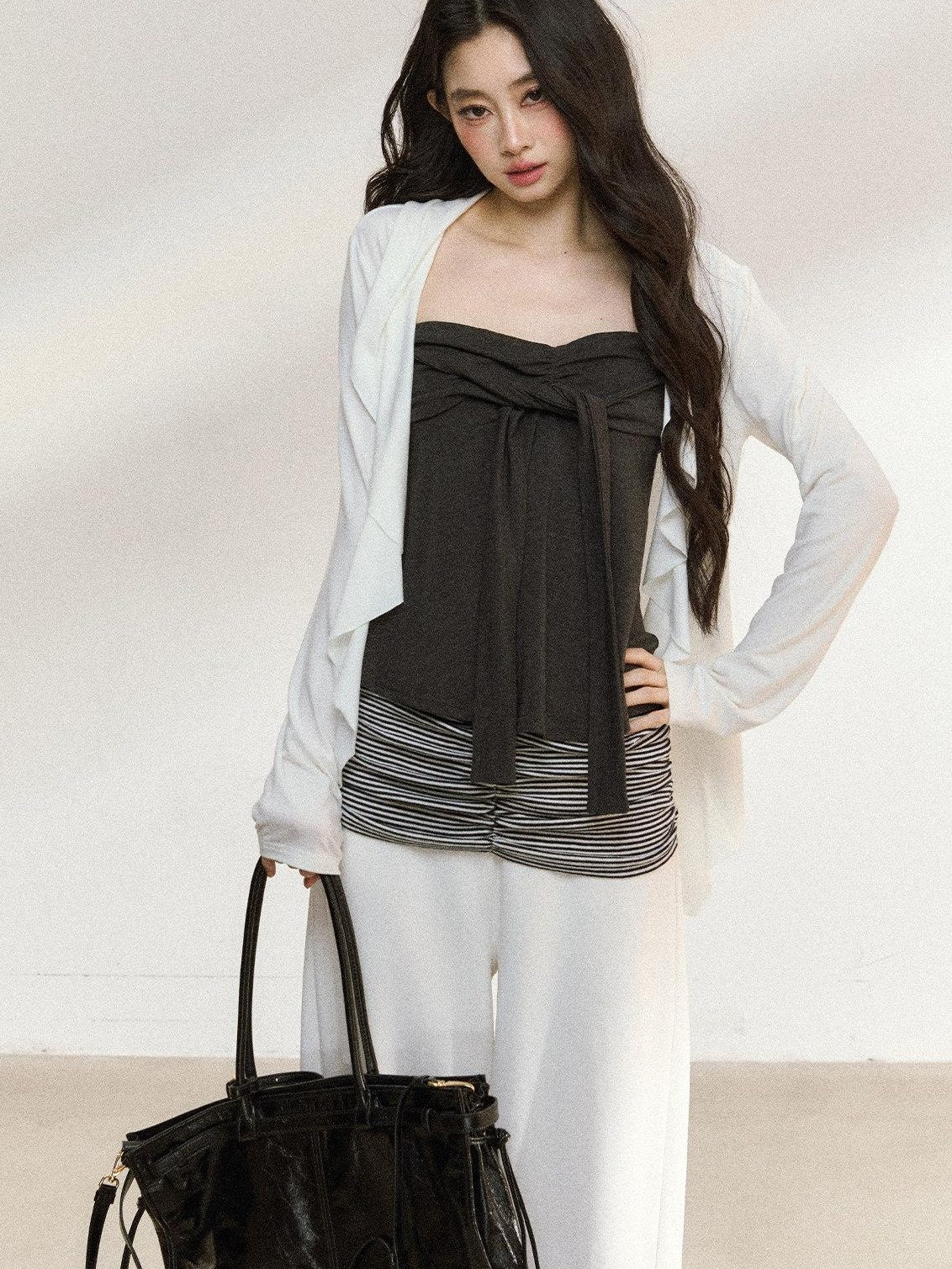 7Shiftin Two Piece V-neck Long Sleeve Casual Layered Set Women White Gray Blouses