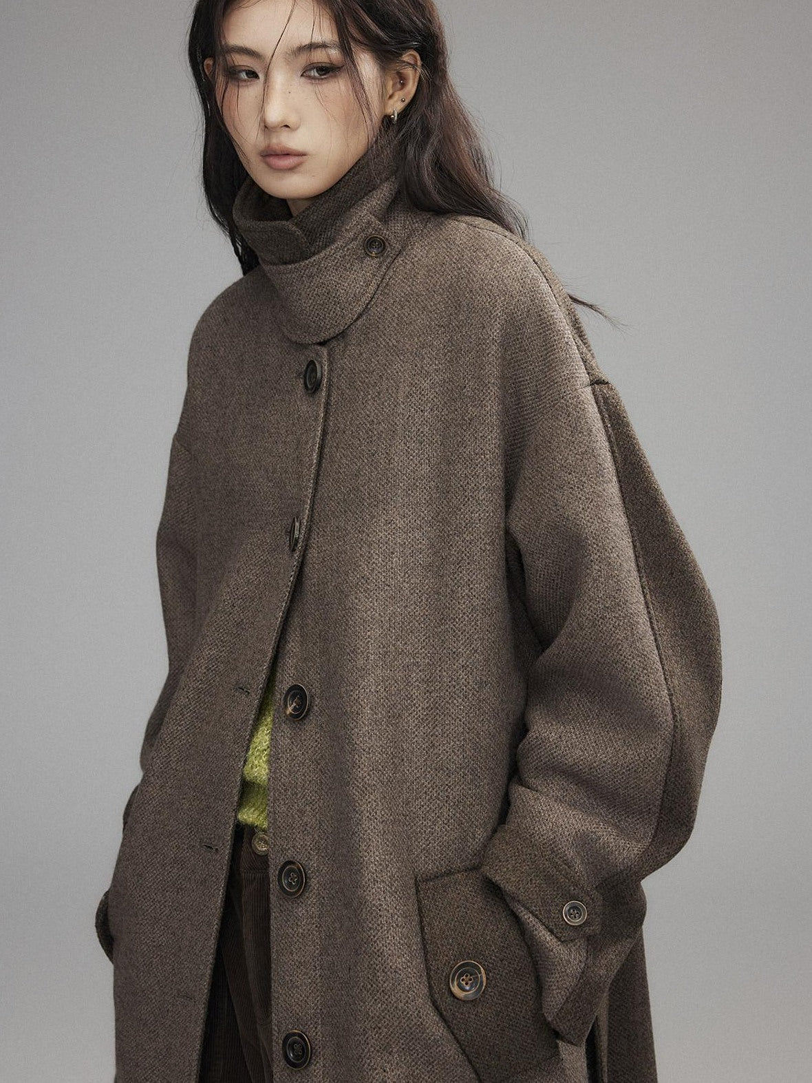 Low pixel Wool Blend Thick Colorblock Oversized Stand Collar Single Breasted Wool Coats