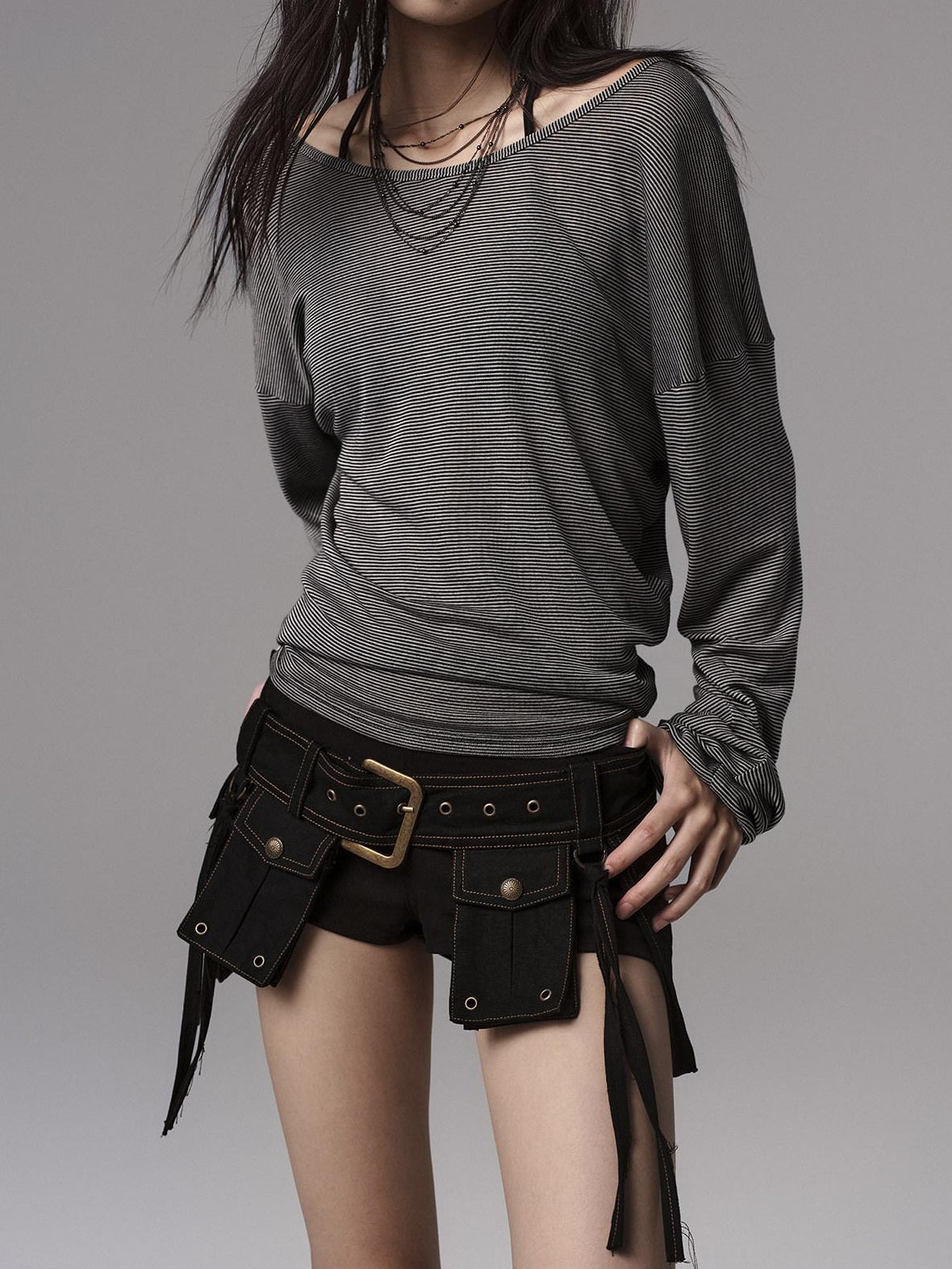 Low pixel Lyocell Blend Goth Fitted V-neck Striped Women Long Sleeve Crop Tops