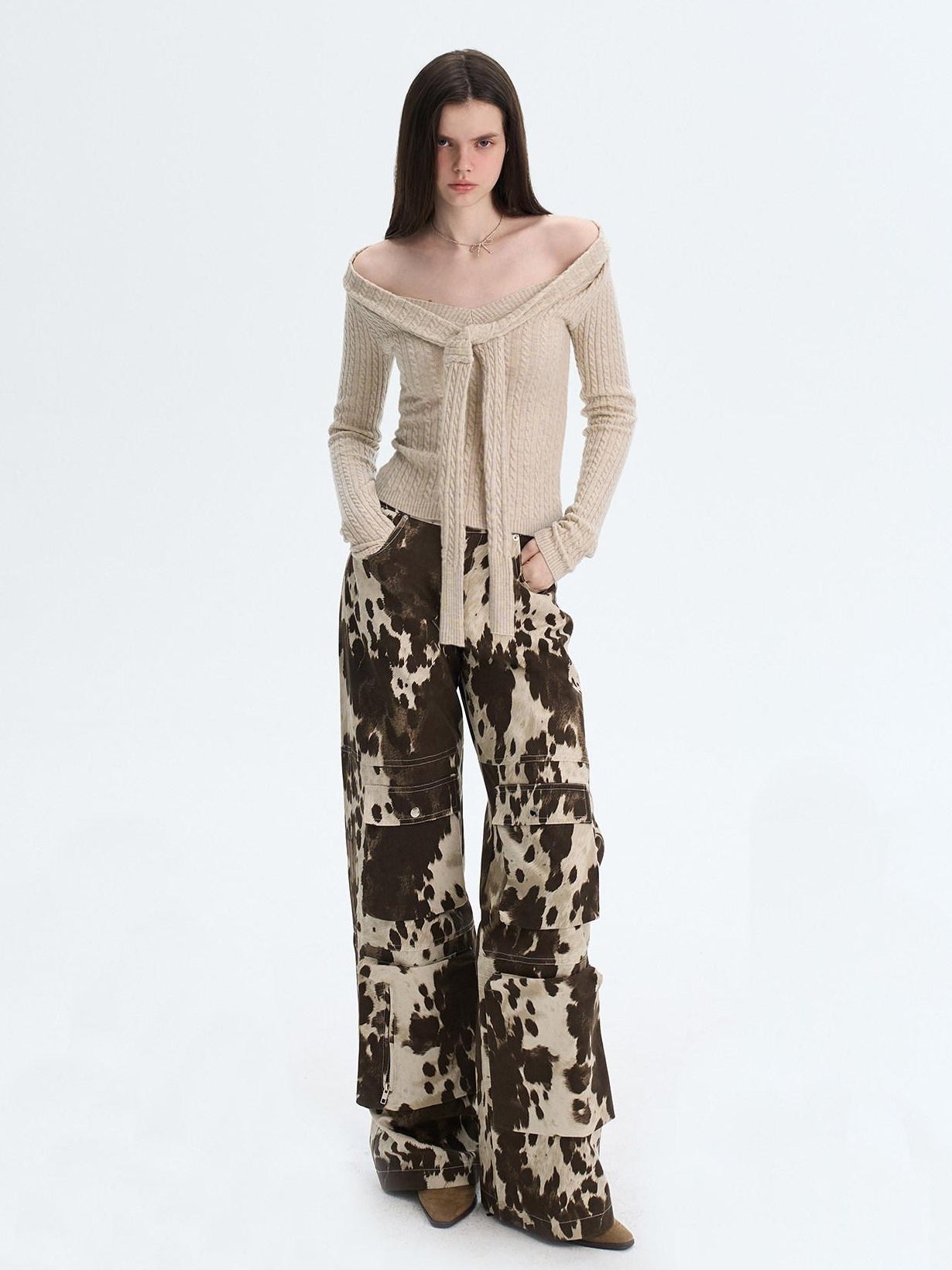 The NeverMore Khaki Wool Blend Slim Fit Layered Tie Detail Off Shoulder Pullover Sweaters