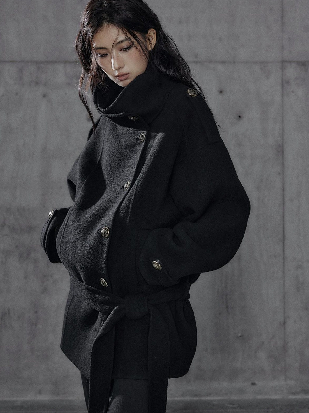 Low pixel Warm Oversized Street Midlength Notch Lapel Wool Cashmere Black Wool Coats