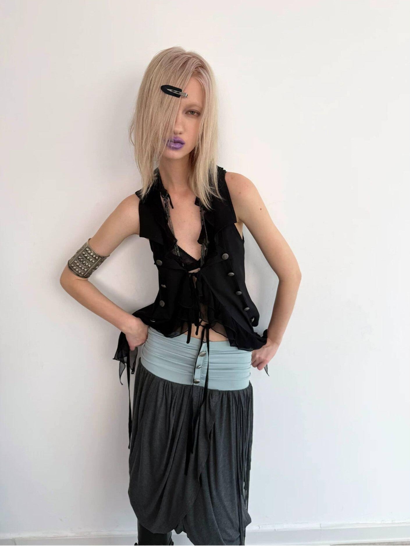DoublePunch Ruffled Patchwork Slim Fit Vintage Blazer Sleeveless Women&