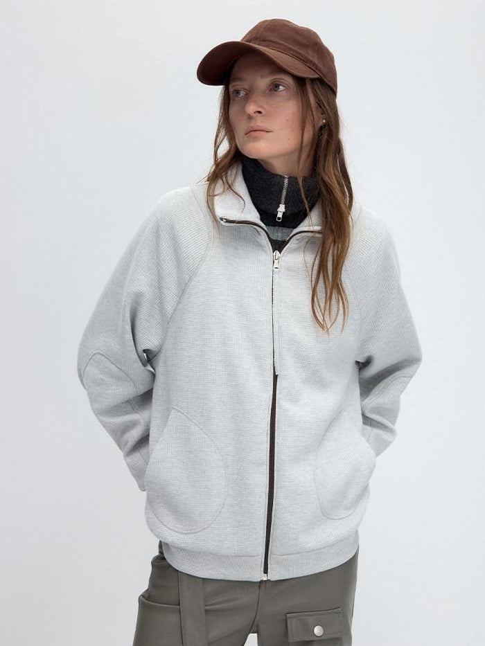 RUN TO THE FUTURE Original Design Loose Zip Collar Light Gray Unisex Poly Cotton Sweatshirts