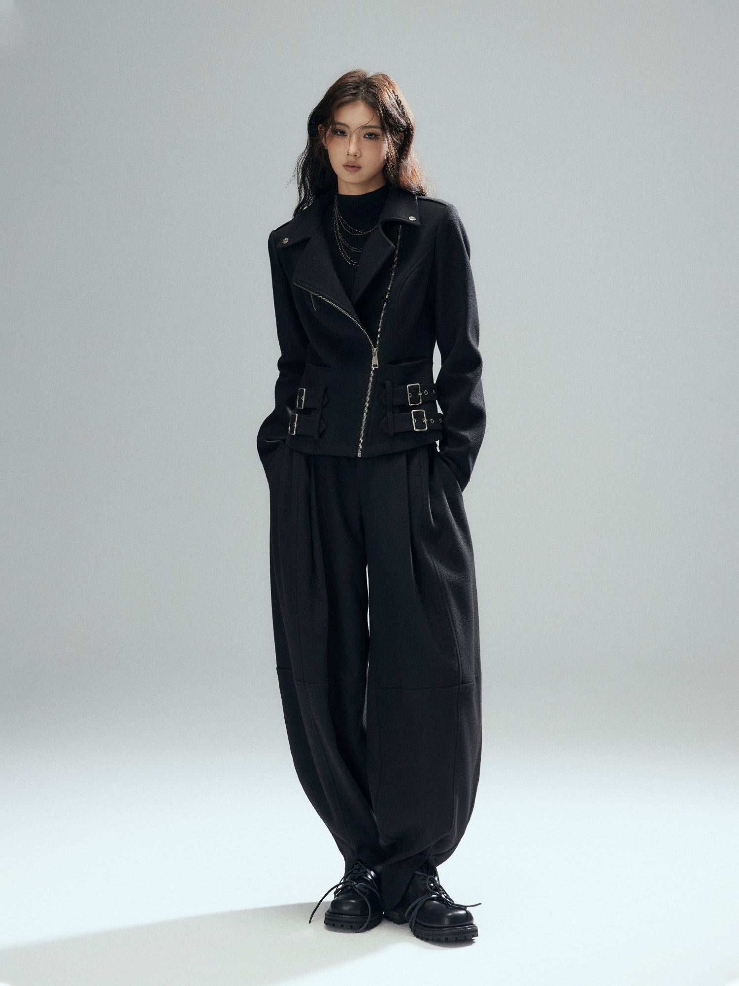 Low pixel Low Rise Wool Blend Micro Stretch Casual Zip Fly Women Black Wide Leg Pants