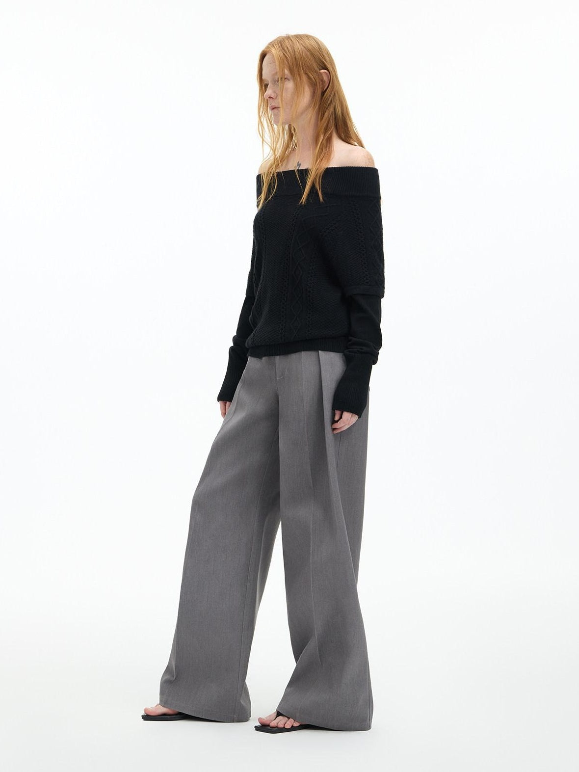 RUN TO THE FUTURE Low Rise Jacquard Minimal Casual Women Light Heather Gray Wide-Leg Pants