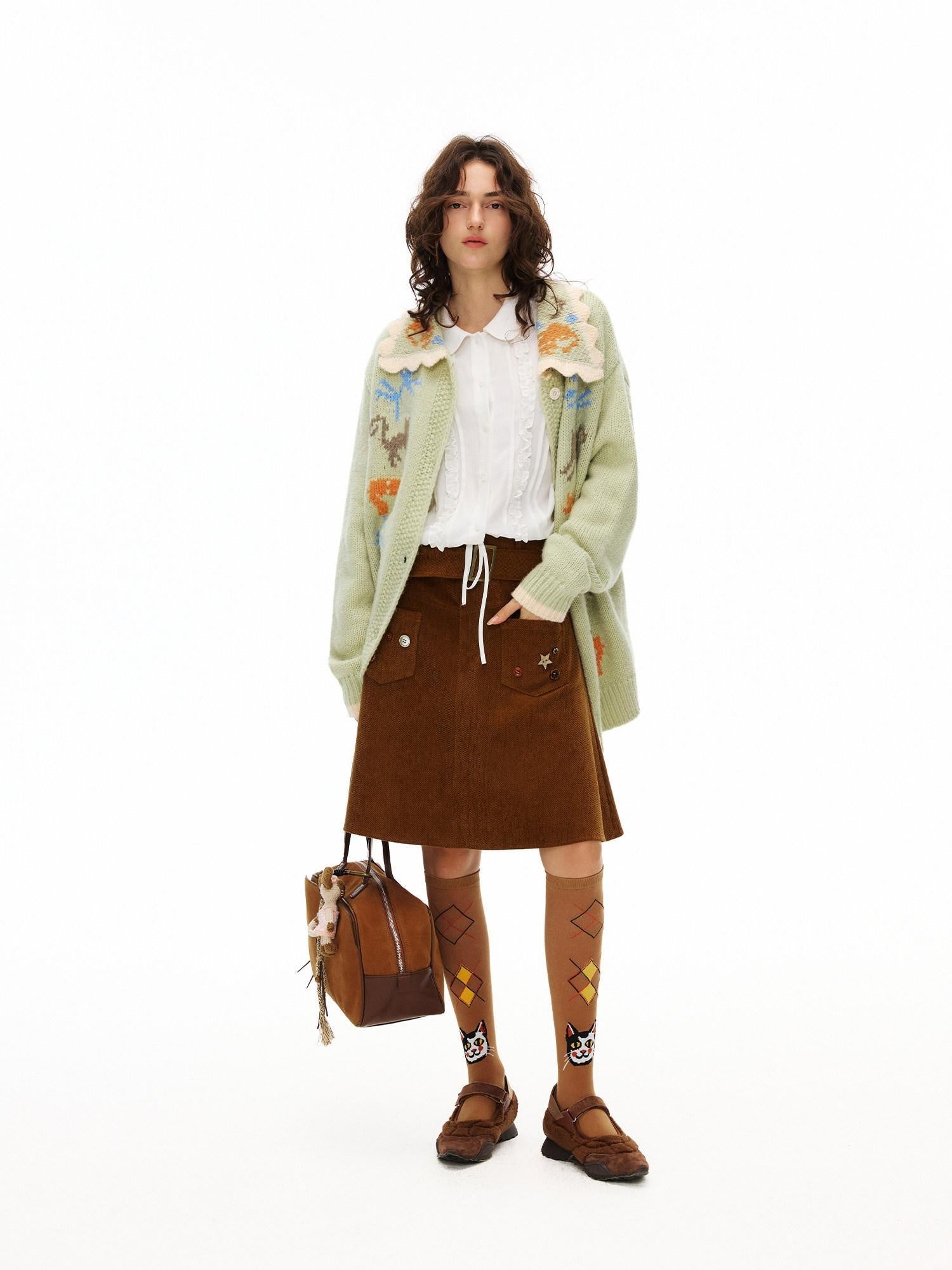 OuttheBlue Handsewn Embroidery Minimalist A Line Mid Waist Caramel Polyester Midi Skirts