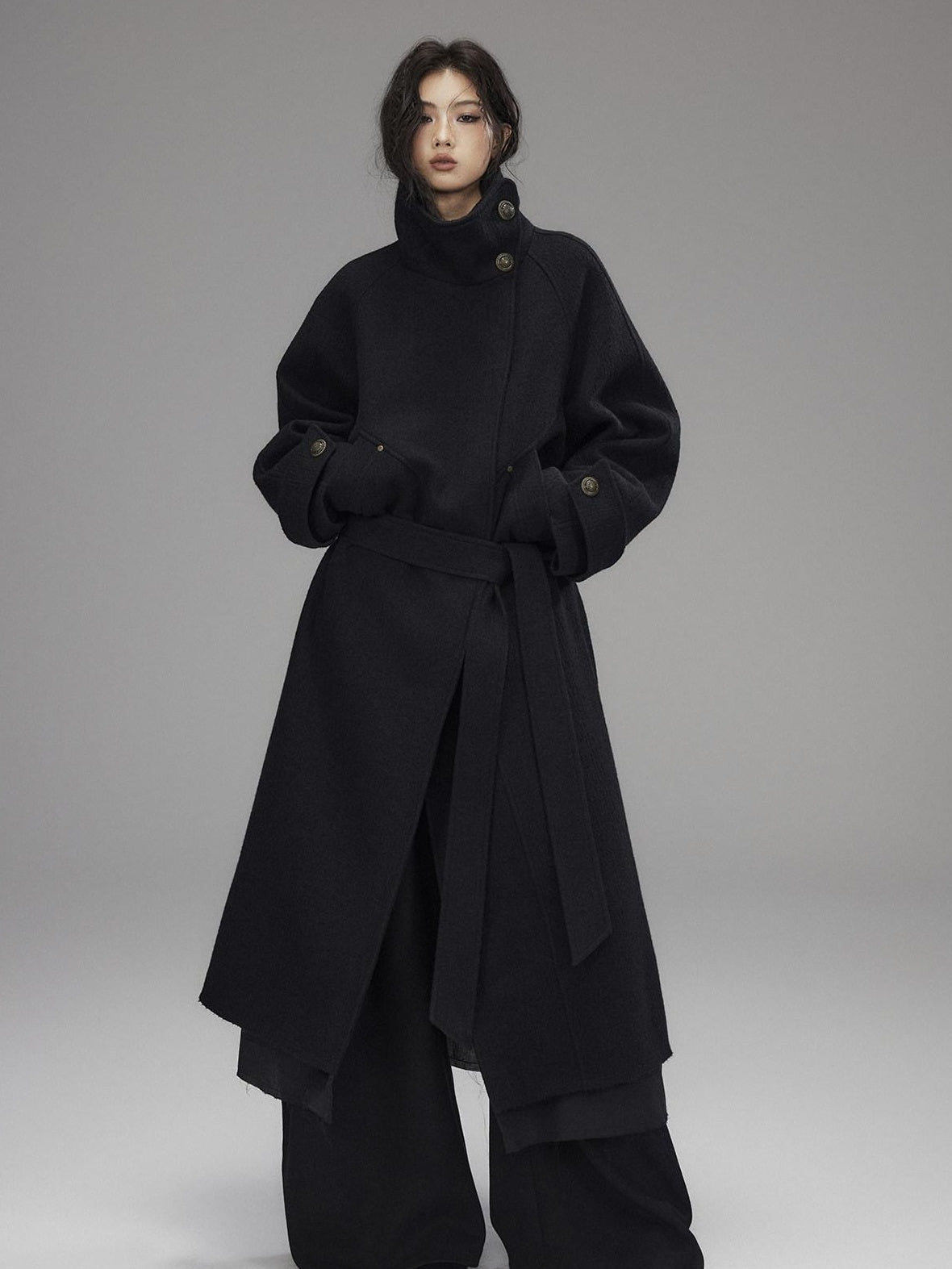 Low pixel Thick Wool Blend Oversized Streetwear European Long Zip Lapel Black Wool Coats