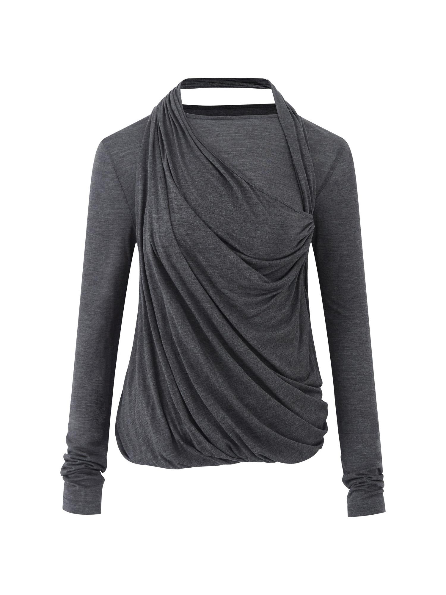 RUN TO THE FUTURE Tencel Wool Blend Pleated Commuter Slim Solid Milk White Long Sleeve T-Shirts